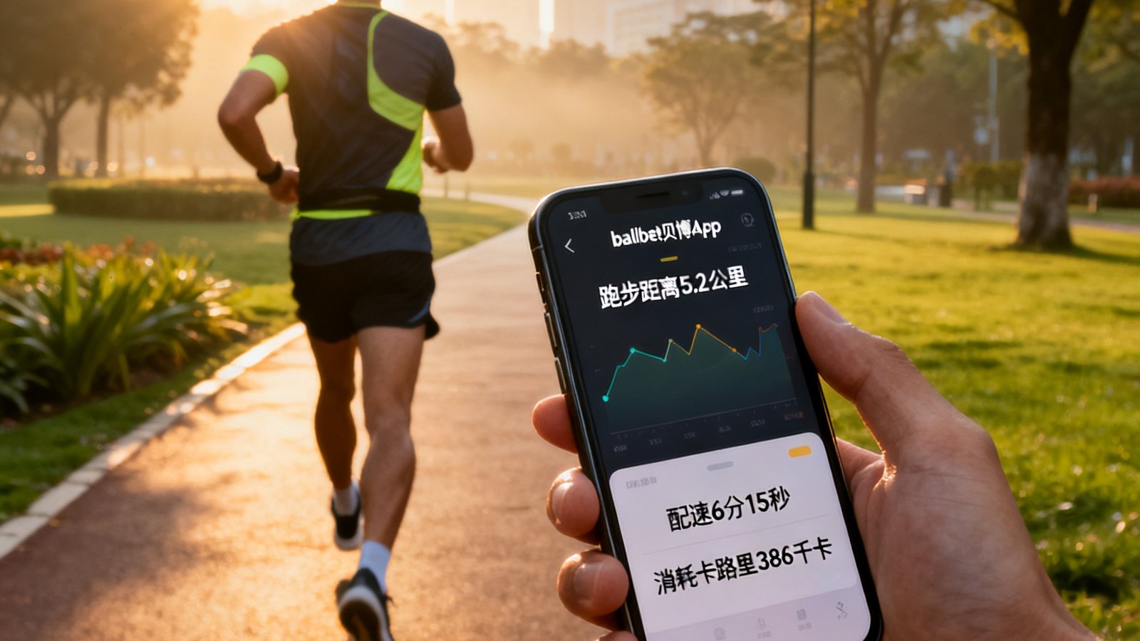 一位身穿运动装备的跑者在公园绿道上停下脚步，手持智能手机查看ballbet贝博App运动记录界面，屏幕显示跑步距离5.2公里、配速6分15秒、消耗卡路里386千卡，背景为晨光中的城市公园