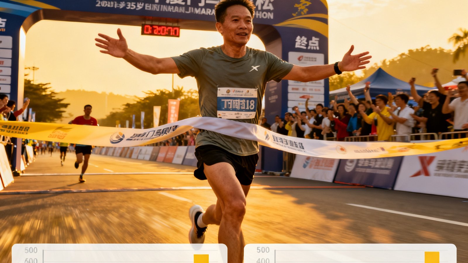 35岁的业余马拉松跑者张先生在2024年厦门马拉松终点线前冲线的照片，下方对比展示他使用ballbet贝博6个月前后半马成绩从2小时18分提升到1小时52分的数据图表