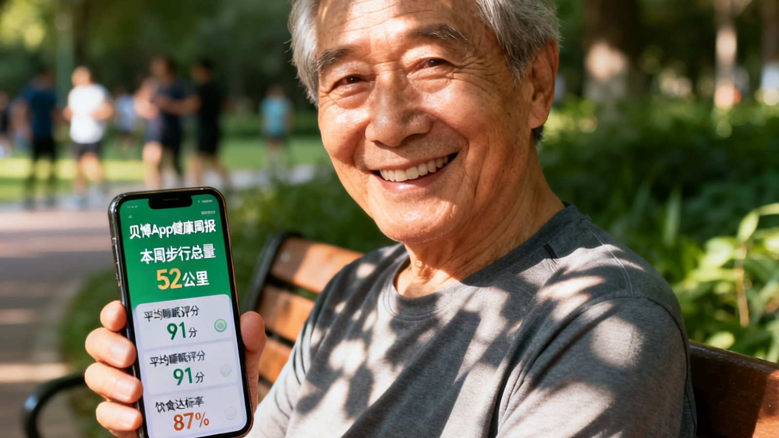 一位65岁的退休老人在公园晨练后坐在长椅上查看手机贝博App健康周报，屏幕上显示本周步行总量52公里、平均睡眠评分91分、饮食达标率87%，阳光透过树叶洒在老人微笑的脸上