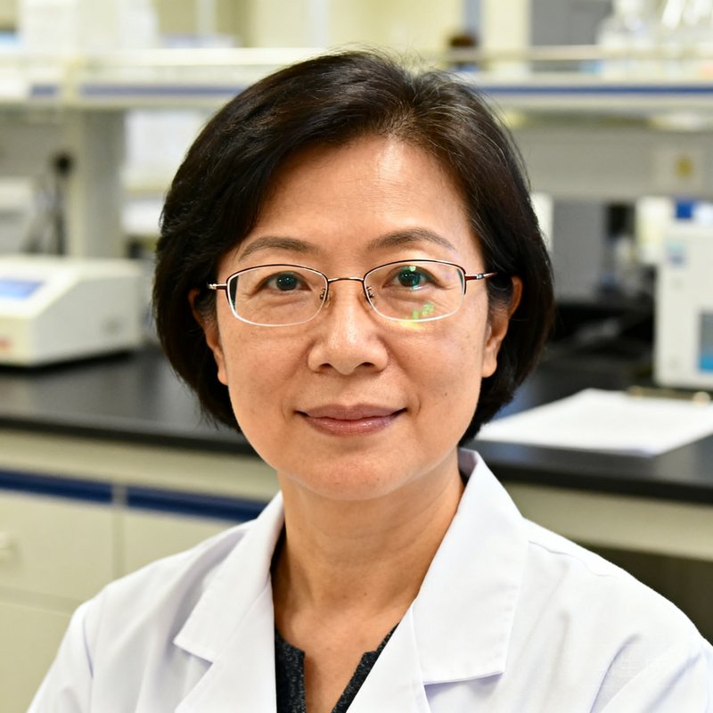 贝博首席科学家林婉如博士的头像照片，42岁女性，戴细框眼镜，身着白色实验室外套，背景为实验室环境，她是北京大学运动医学博士、前协和医院营养科研究员