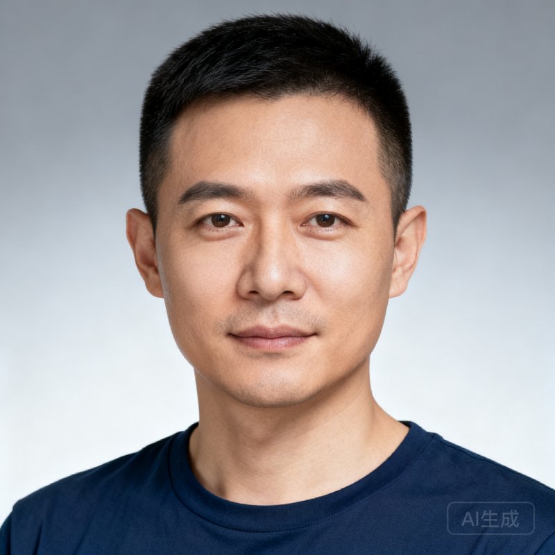 贝博技术副总裁陈浩的头像，34岁男性，穿着深蓝色T恤，短发干练，他是前字节跳动资深算法工程师、AI健康数据建模专家